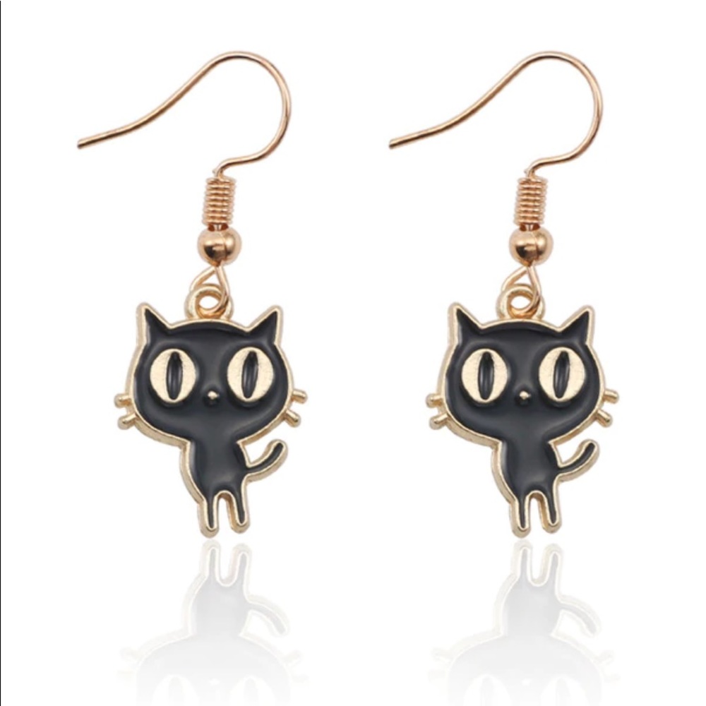 NEW Black Kitty Cat Earrings Gold